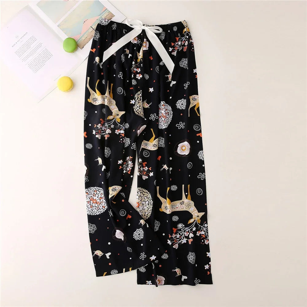 Cute Women Loose Pajama Pants Summer Lounge Trousers Floral Print Casual Stretch Waist Drawstring High Waist Pants Home Pants