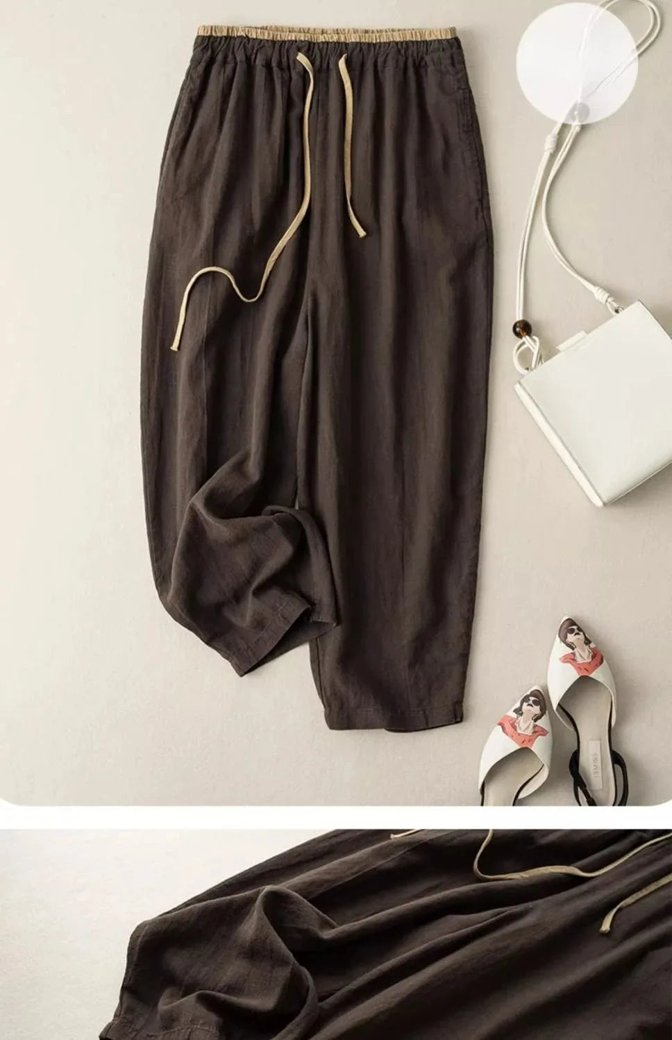 Summer Retro Cotton Linen Loose Harem Pants Elastic Drawstring Waist Casual Pants Basic Versatility Wide-leg Ankle-Length Pants