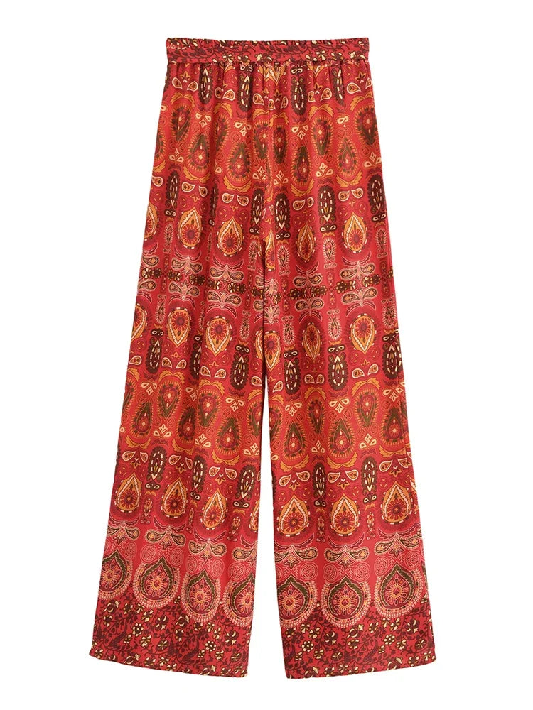 Boho Queens Women Red Floral Print Bohemian Wide Leg Pant Lady Gothic Elastic Waist Loose Rayon Long Boho Pants Casual Trousers