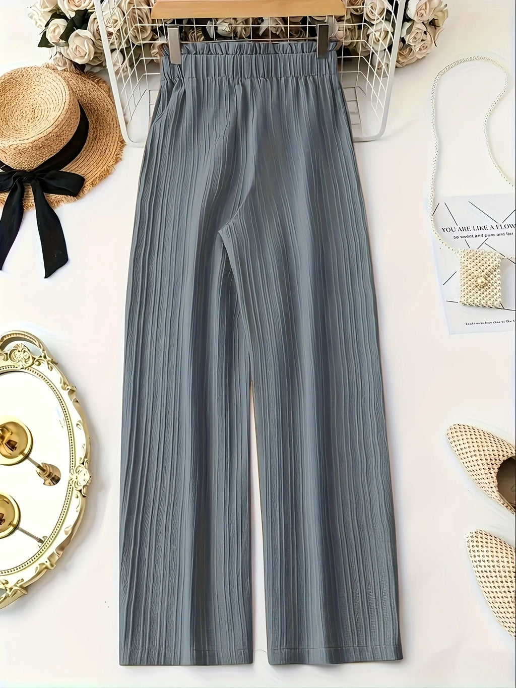 Dusty Blue Pleated Tie-Waist Wide Leg Pants, High Waist Ruffle Trim, Drapy Casual Trousers