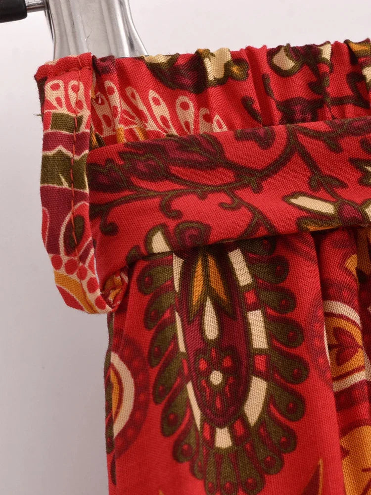 Boho Queens Women Red Floral Print Bohemian Wide Leg Pant Lady Gothic Elastic Waist Loose Rayon Long Boho Pants Casual Trousers