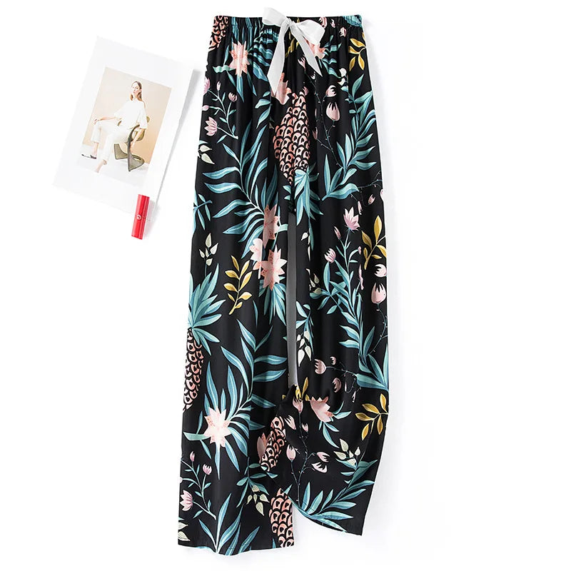 New Ladies Pants Viscose Pajama Sleep Bottoms Thin Loose Large Size Pants Women Pants Home Clothes Loungewear Floral Sleepwear