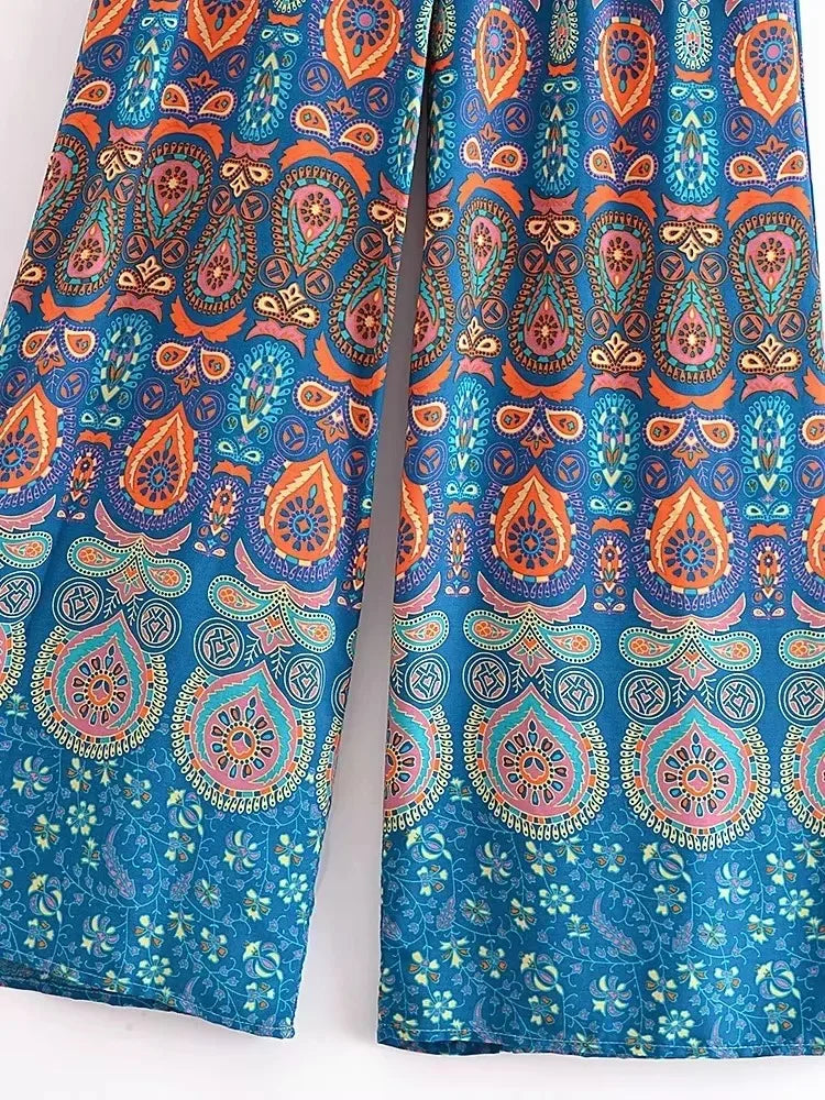 Boho Queens Women Red Floral Print Bohemian Wide Leg Pant Lady Gothic Elastic Waist Loose Rayon Long Boho Pants Casual Trousers