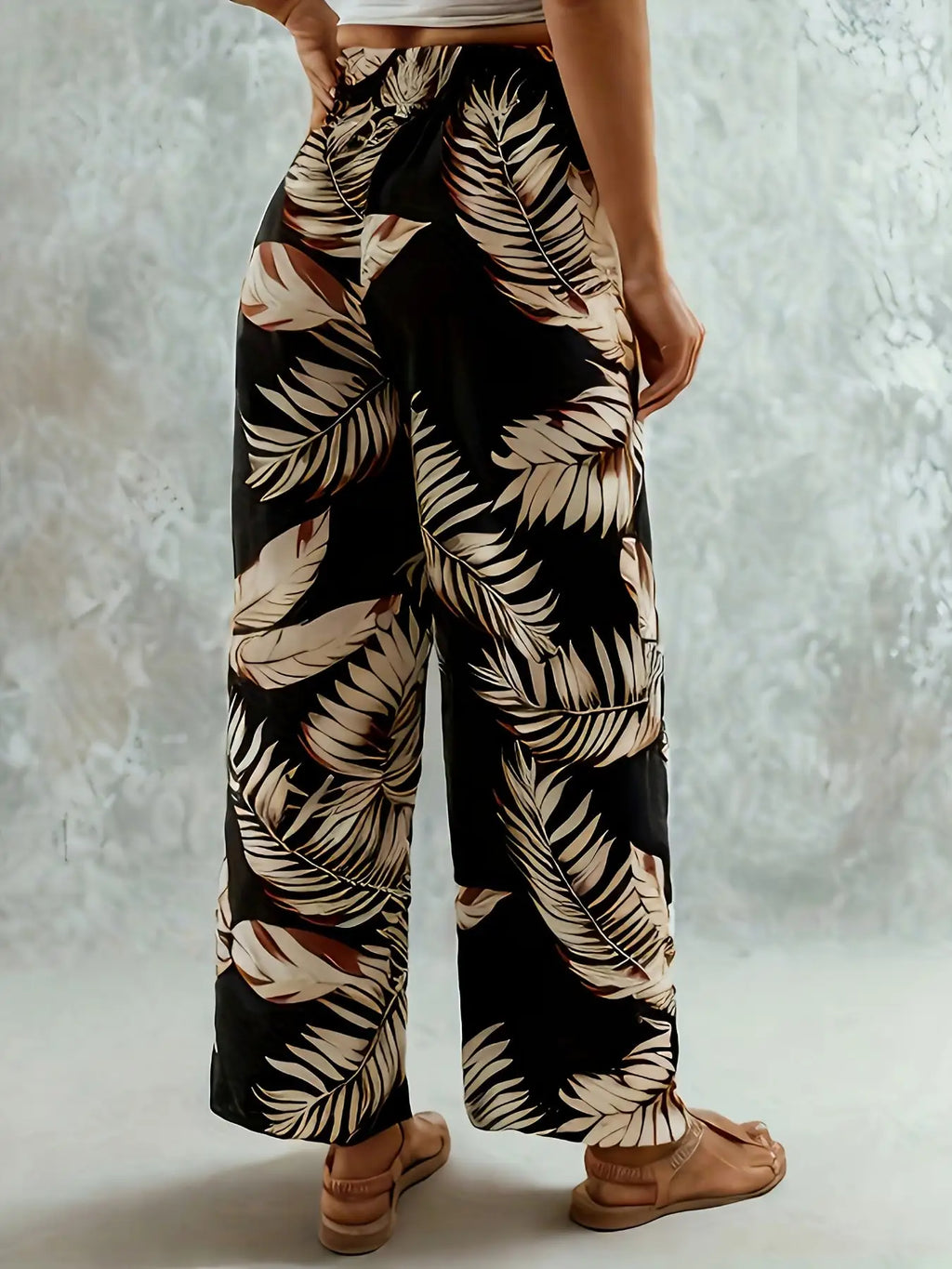 Women's Casual Elegant Bohemian Style - Loose Comfortable Leaf Printed Wide Leg Elastic Waist Wide Leg Pants