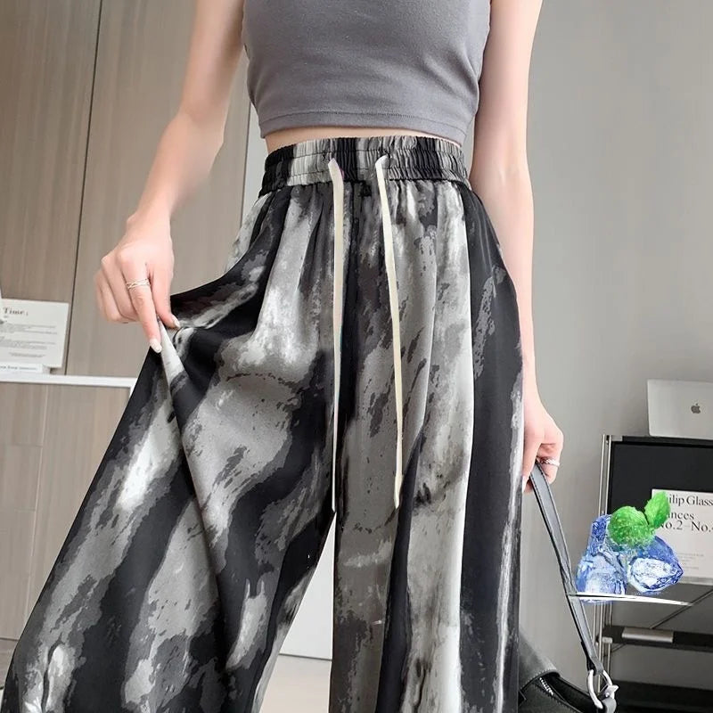 Summer Women's Ice Silk Wide Leg Pants Narrow Straight Casual Cool Pants Sunscreen Mosquito Proof High Waist Long Trousers