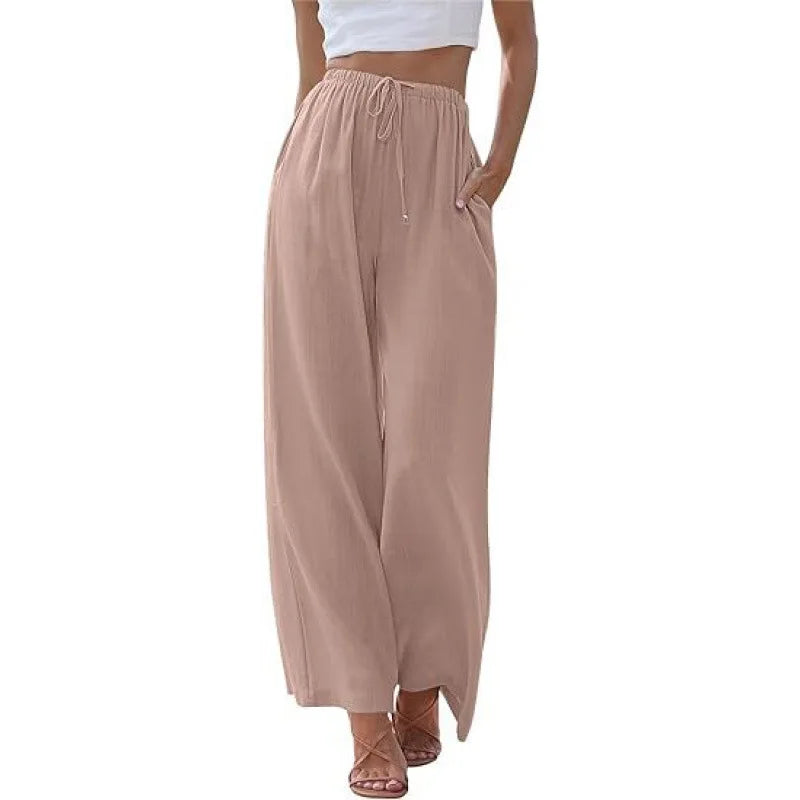 Women's Summer Linen Wide Leg Pants High Waist Elastic Drawstring Casual Loose Palazzo Trousers with Pockets