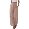 Women's Summer Linen Wide Leg Pants High Waist Elastic Drawstring Casual Loose Palazzo Trousers with Pockets