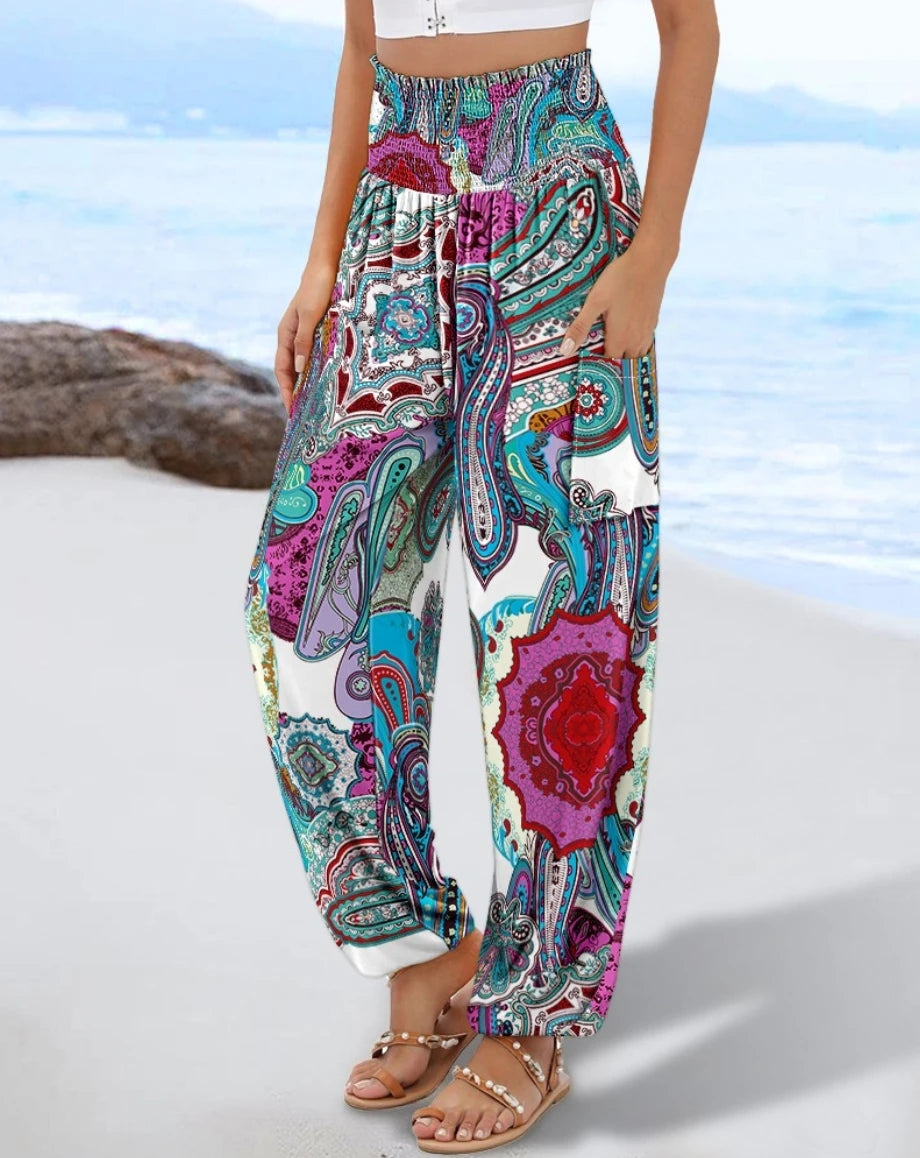 Women Boho High Waist Smocked Harem Pants With Floral And Geometric Print Side Pocket And Elastic Cuffs Perfect For Beach Vacati