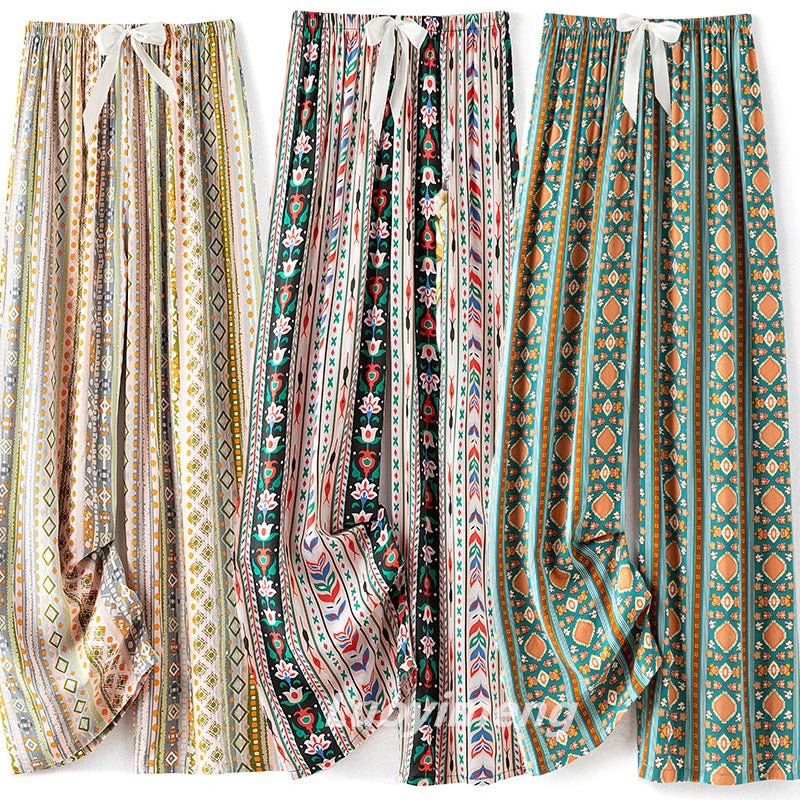 Women Casual Autumn Wide Leg Pants Floral Beach Trousers High Waist Boho Ethnic Style Calf Pants Four Season Girls Home Clothes