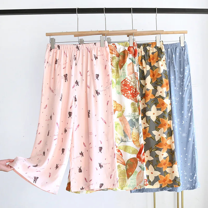 Summer new women's 100% viscose pajama pants cropped pants thin loose wide leg pants home pants pajama plus size cute shorts