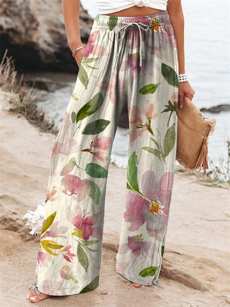 New Women's Drawstring Relaxed-Fit Casual Pants 3D Floral Print Comfortably Chic Wide-Leg Pants