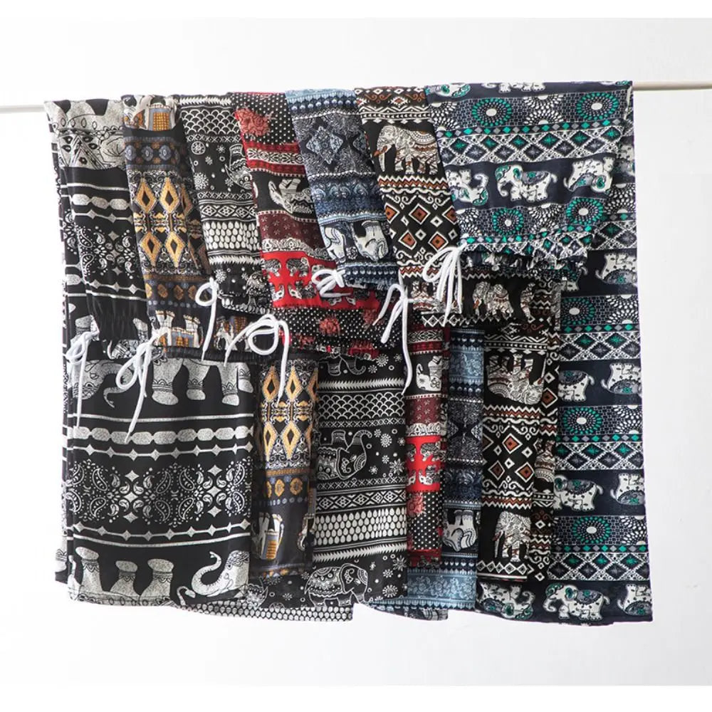 Colorful Thai Elephant Printed Pants Comfy Casual Wide Leg Pants for Women with Strap High Waist Women's Harem Pants Yoga
