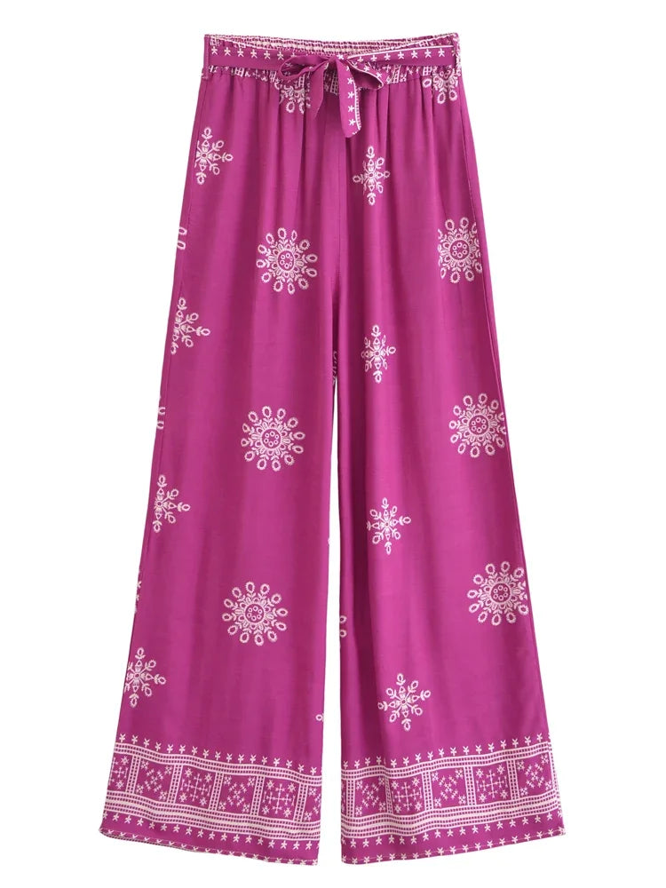 Boho Queens Women Floral Bohemian Wide Leg Holiday Pants with Pockets Lady Elastic Waist Loose Vacation Boho Pants Trousers