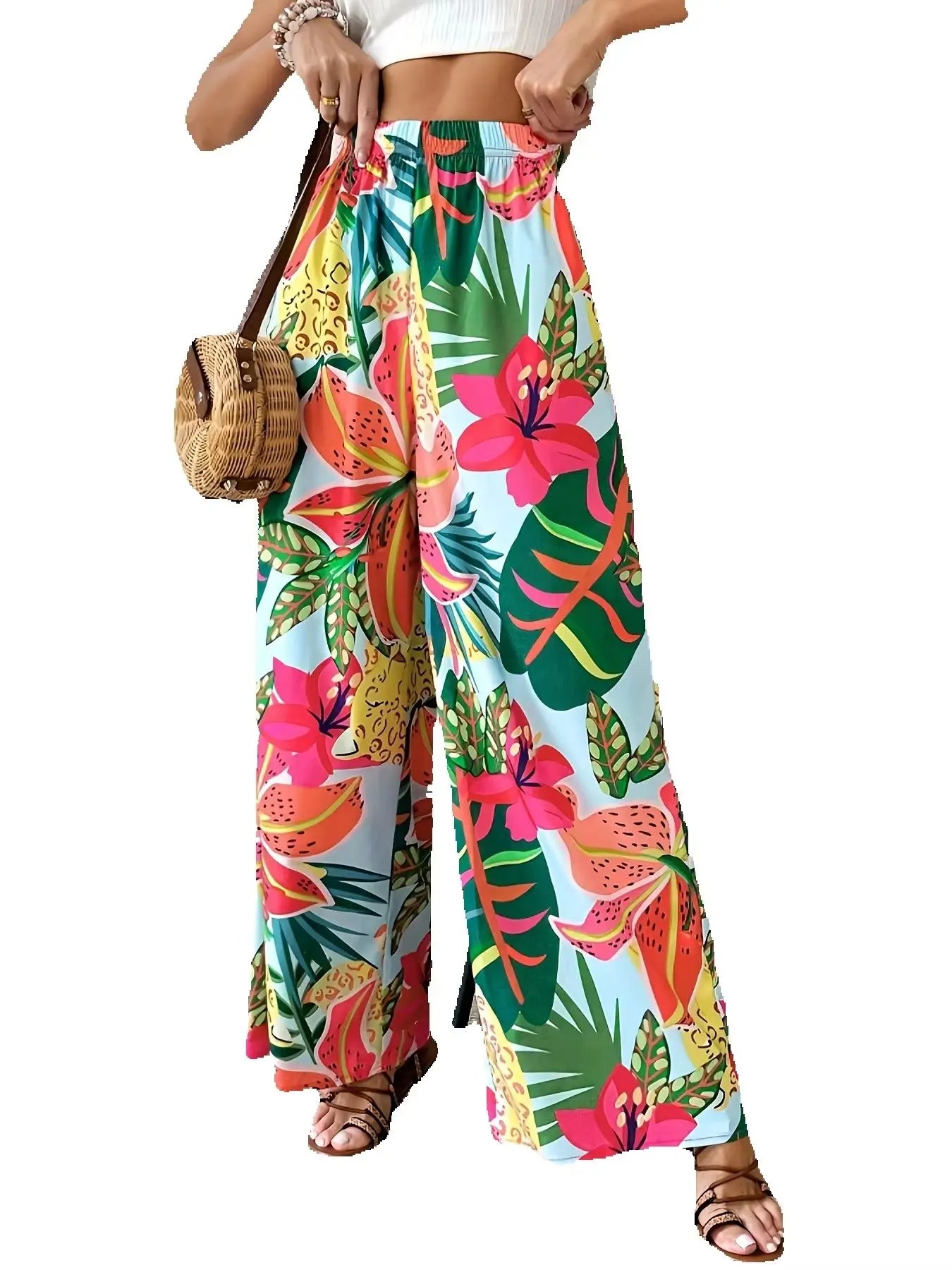 2026 women's vacation casual comfortable loose pants floral tropical elastic waist wide leg pants