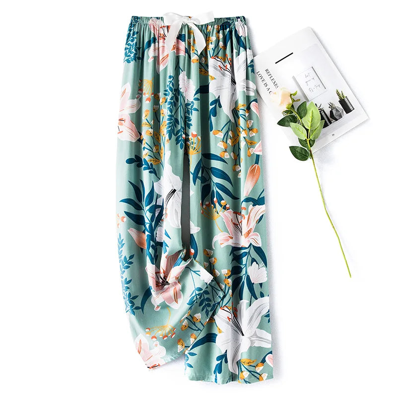 New Ladies Pants Viscose Pajama Sleep Bottoms Thin Loose Large Size Pants Women Pants Home Clothes Loungewear Floral Sleepwear
