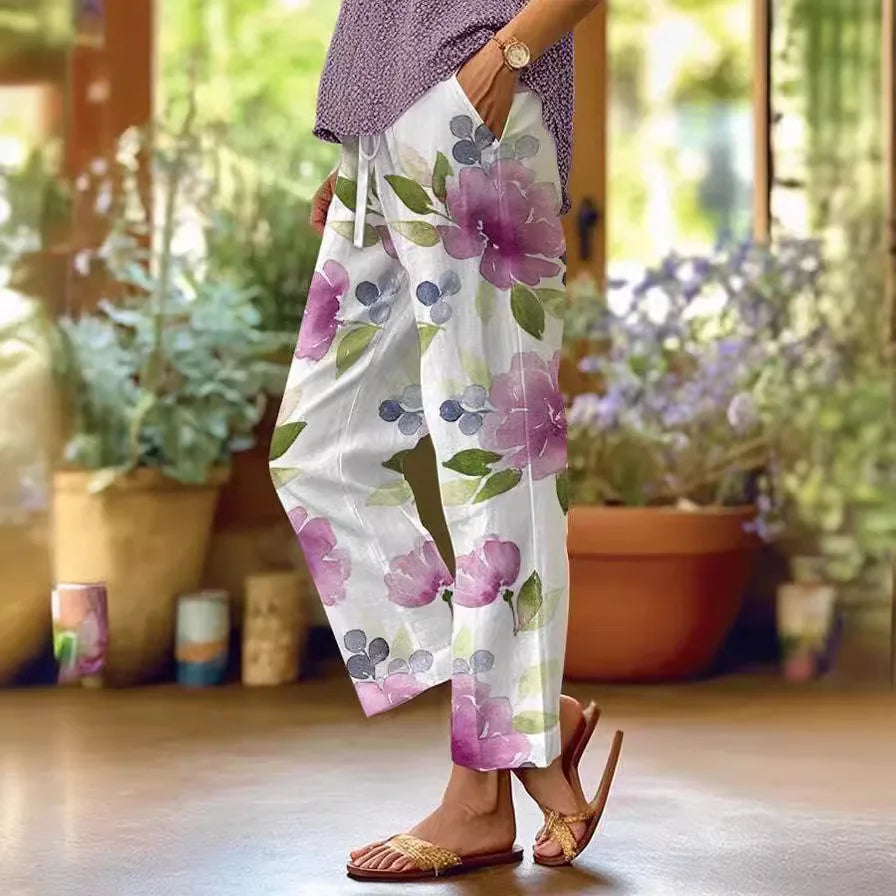 Fashion Floral Print Pants Lady Casual Pockets Mid Waist Straight Ankle-Length Pants For Women Holiday Y2k Womens Clothing New