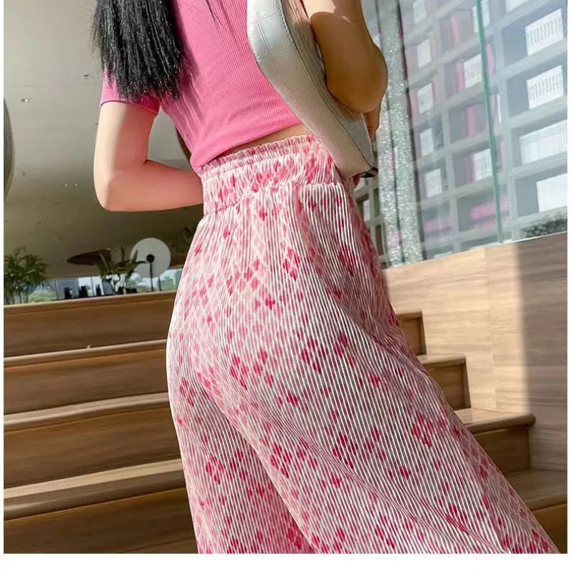 Ice Silk Women's Summer New Style Spliced Elasticized High-waisted Hanging Feeling Pleated Loose Casual Straight Leg Pants