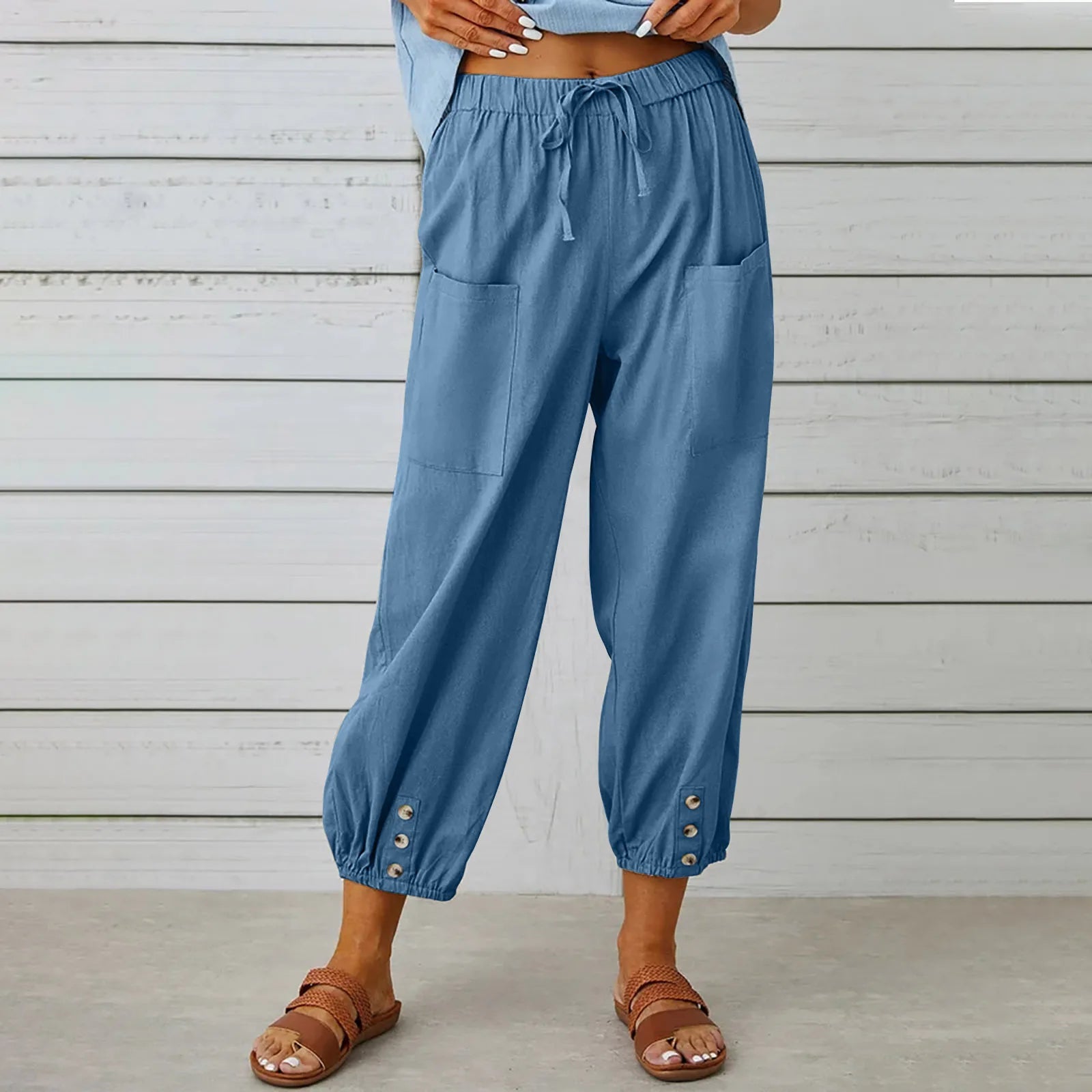 Cotton Linen Harem Pants Women Casual Elastic High Waist Lace Up Loose Ankle Trousers Vintage Harajuku Wide Leg Straight Pants