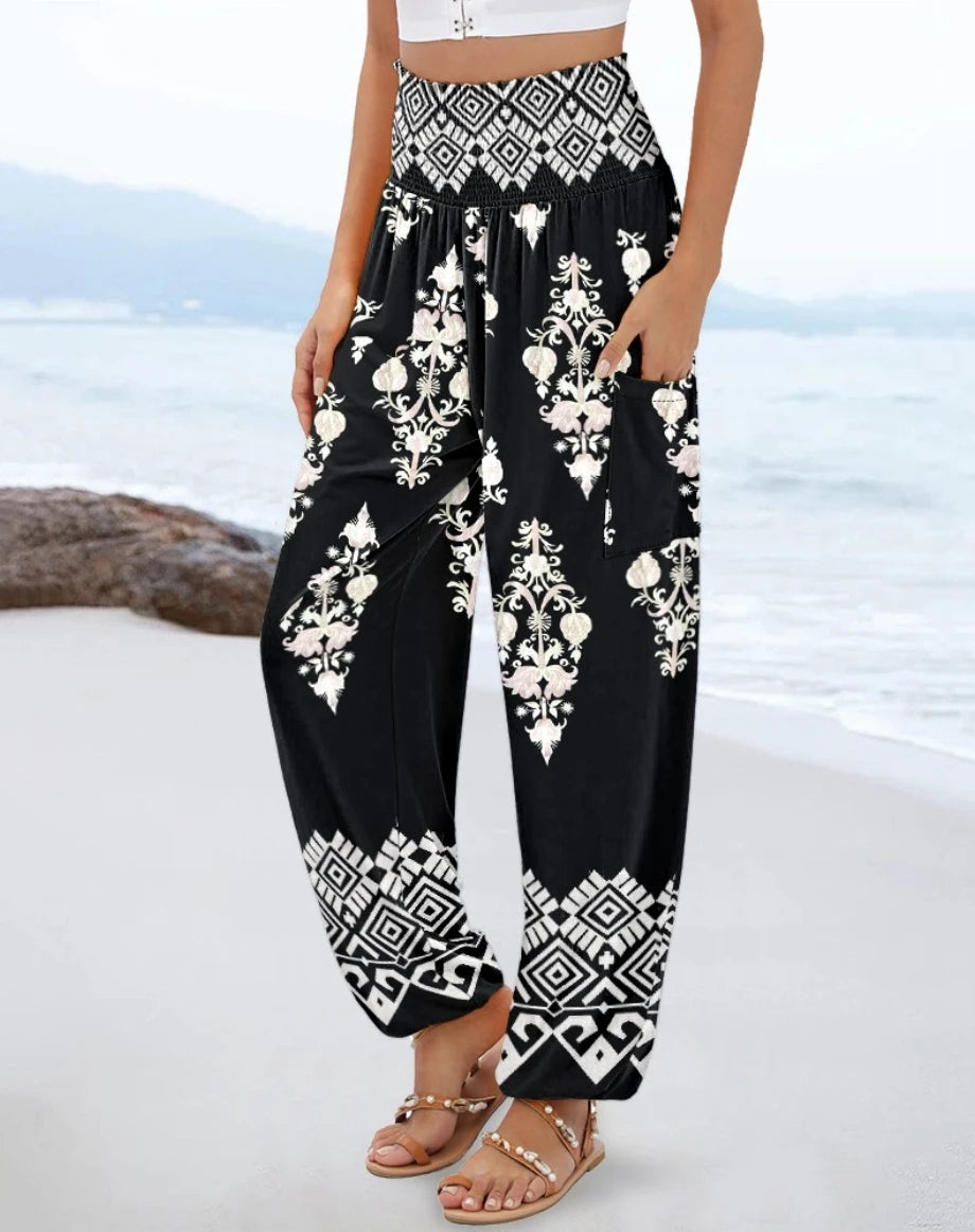 Women Boho High Waist Smocked Harem Pants With Floral And Geometric Print Side Pocket And Elastic Cuffs Perfect For Beach Vacati