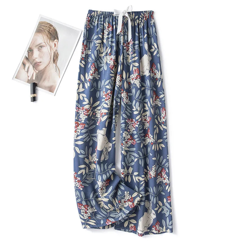 New Ladies Pants Viscose Pajama Sleep Bottoms Thin Loose Large Size Pants Women Pants Home Clothes Loungewear Floral Sleepwear