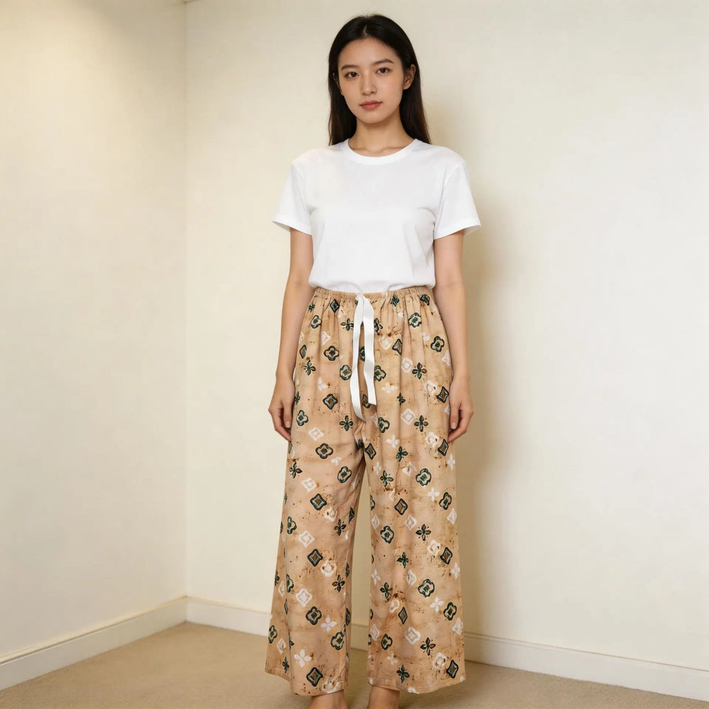 Printed Wide Leg Pants Women Summer Loose Casual Long Trousers Retro Artistic Style Quality Pants Comfortable Cotton Blend