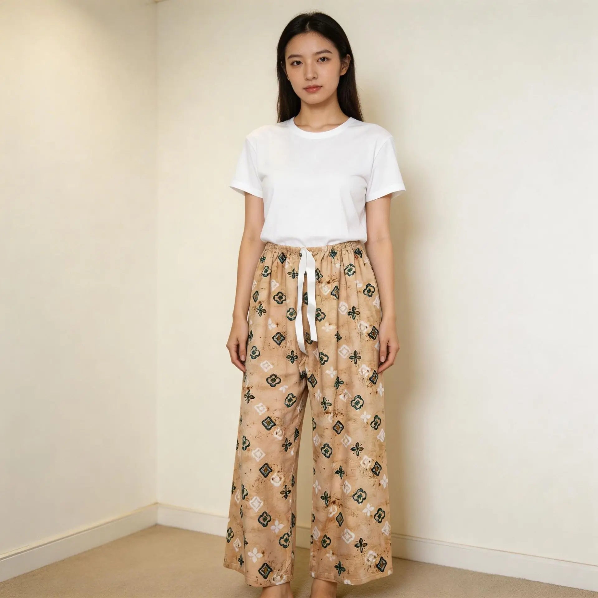 Printed Wide Leg Pants Women Summer Loose Casual Long Trousers Retro Artistic Style Quality Pants Comfortable Cotton Blend