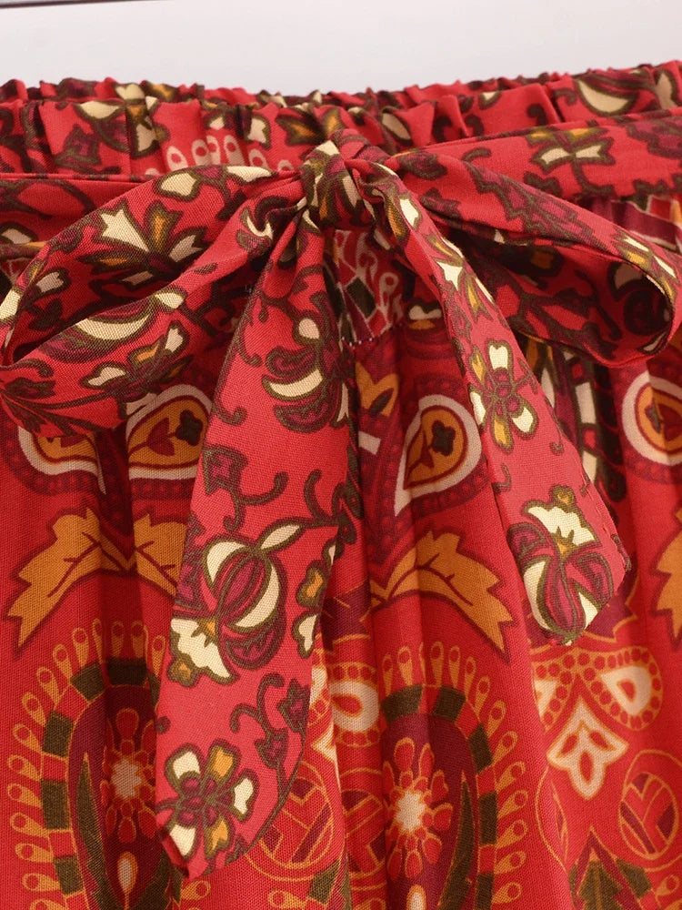 Boho Queens Women Red Floral Print Bohemian Wide Leg Pant Lady Gothic Elastic Waist Loose Rayon Long Boho Pants Casual Trousers