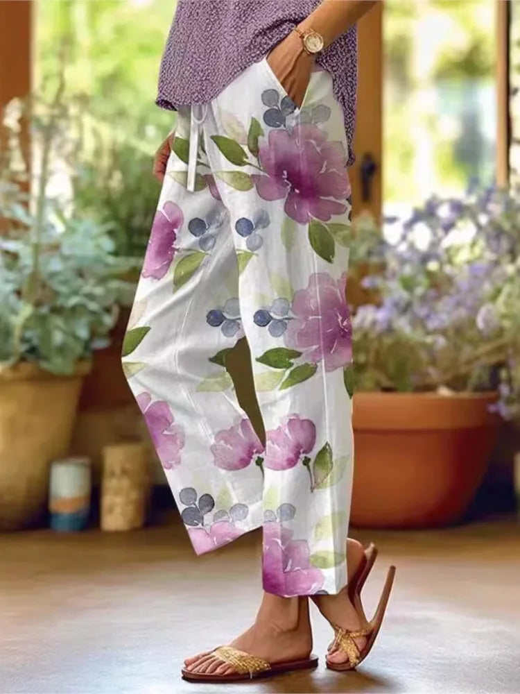 Fashion Floral Print Pants Lady Casual Pockets Mid Waist Straight Ankle-Length Pants For Women Holiday Y2k Womens Clothing New