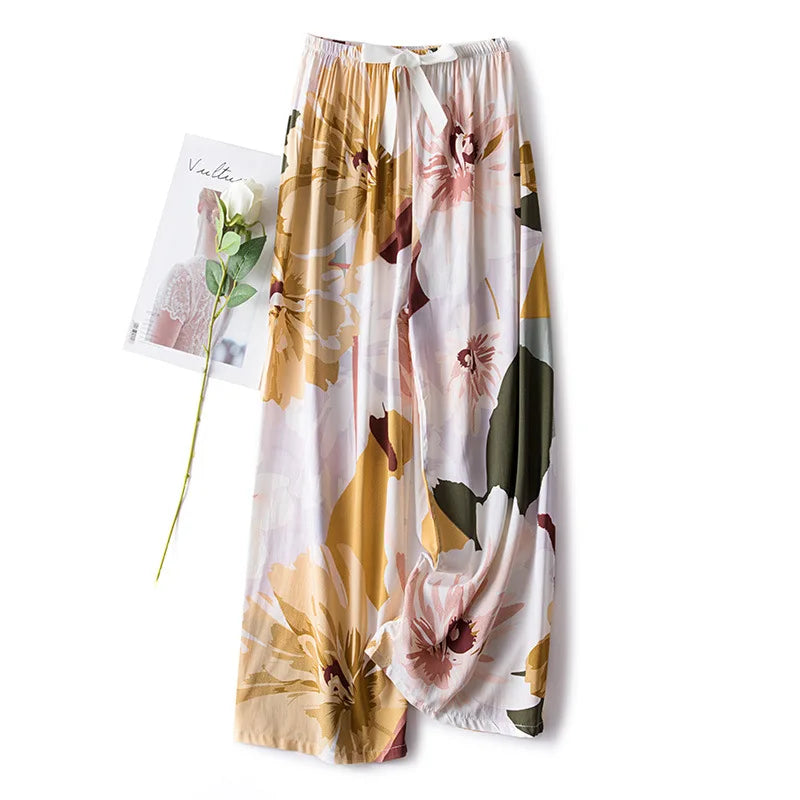 New Ladies Pants Viscose Pajama Sleep Bottoms Thin Loose Large Size Pants Women Pants Home Clothes Loungewear Floral Sleepwear