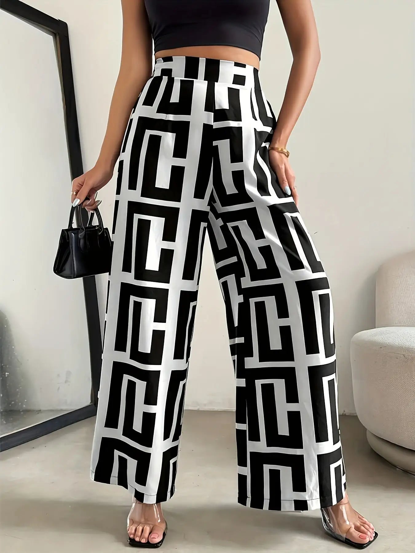 New chic wide leg pants elastic waist dual color geometric pattern printed loose fits wide leg pants