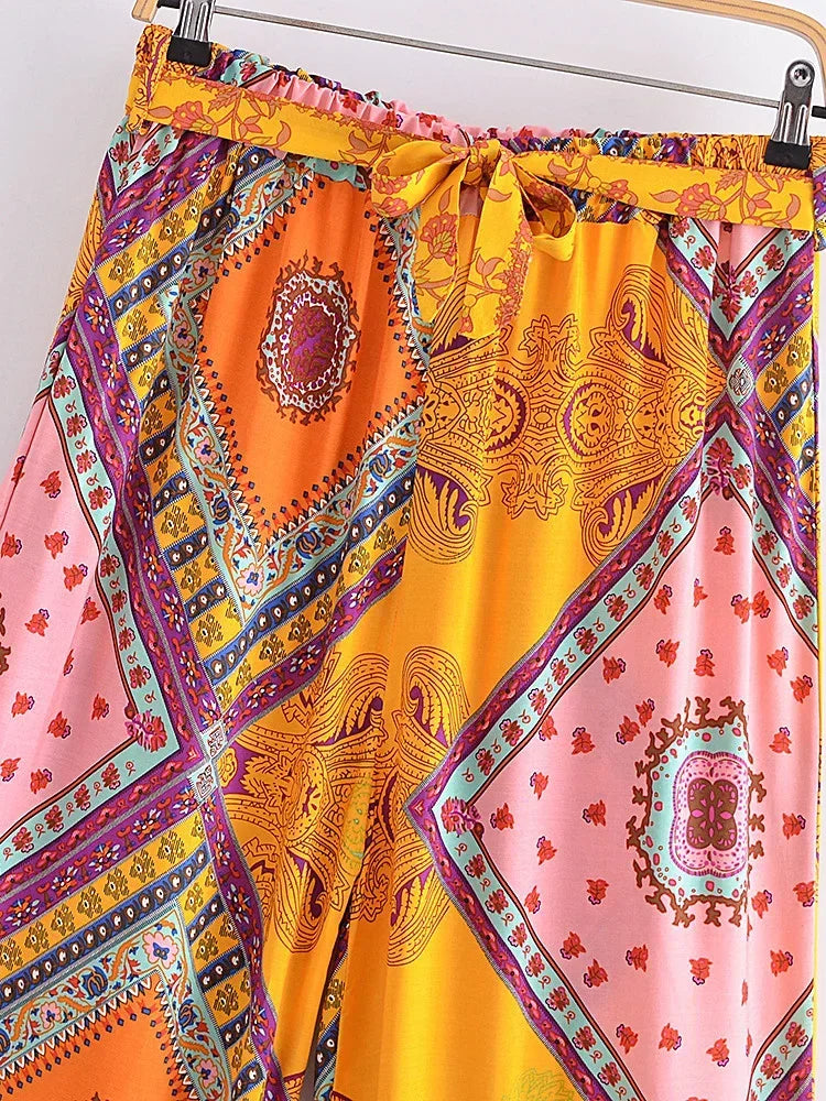 Happie Queens Women Floral Print Bohemian Wide Leg Pants Lady Elastic Waist Loose Rayon Boho Long Pants Beach Casual Trousers