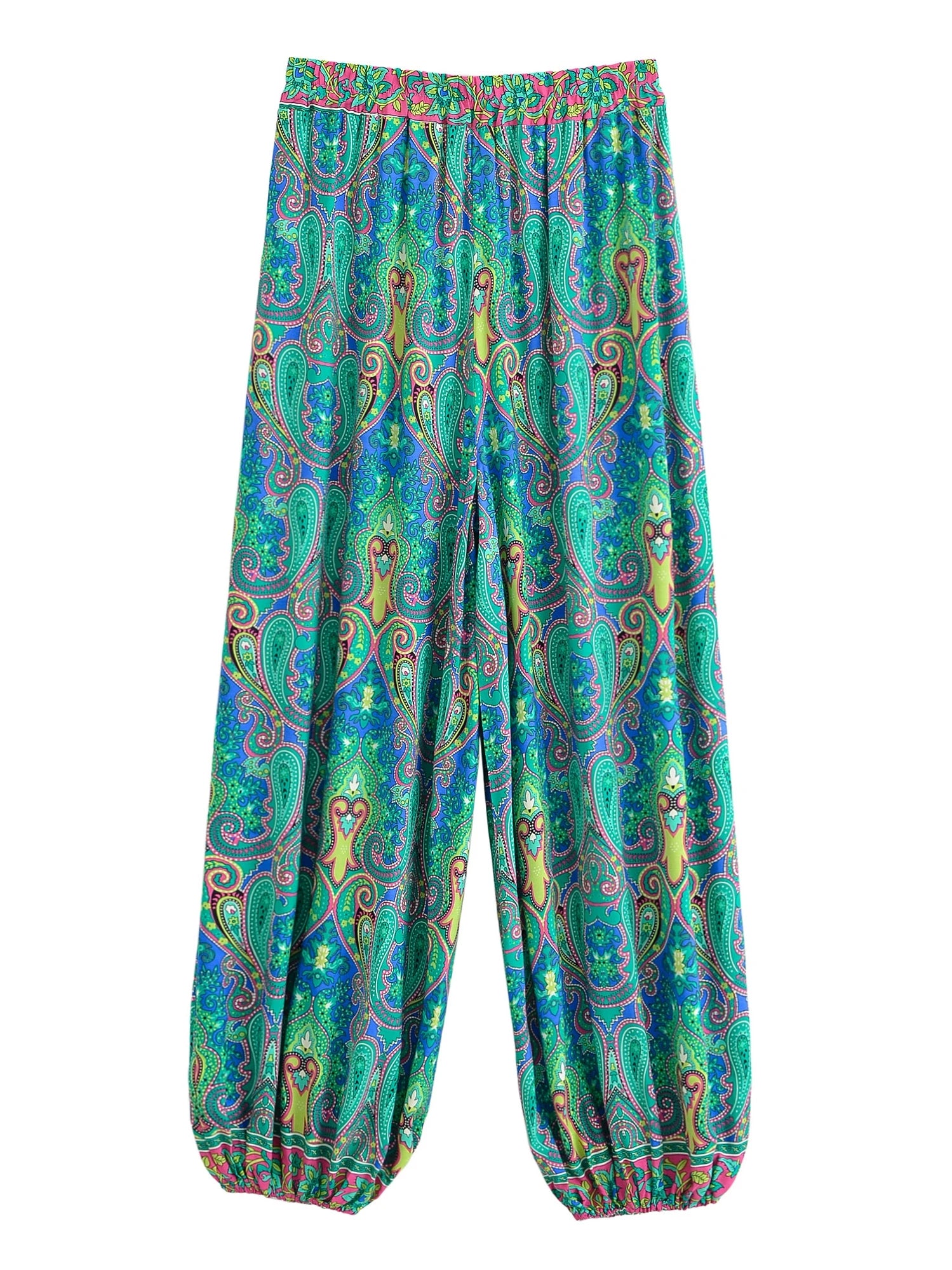 Vintage Chic 2025 Autumn Fashion Green Floral Print Baggy Pants Women Bloomers Casual Mid Waist Side Pockets Loose Yoga Trousers