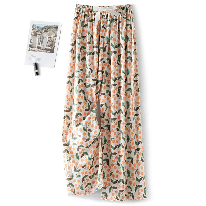 New Ladies Pants Viscose Pajama Sleep Bottoms Thin Loose Large Size Pants Women Pants Home Clothes Loungewear Floral Sleepwear