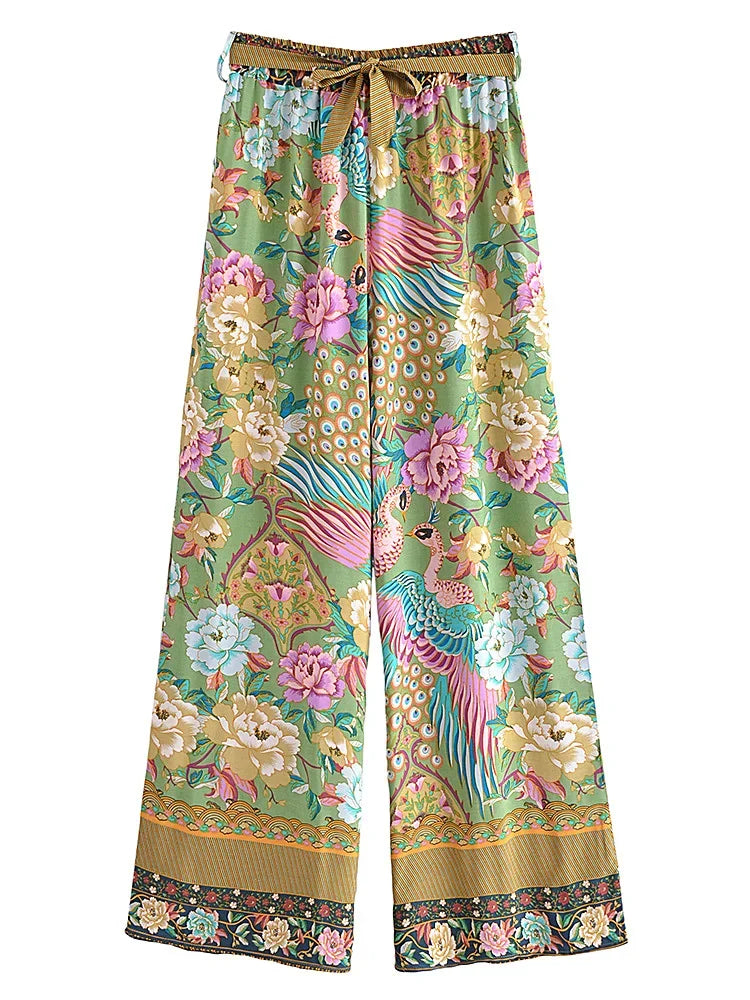 Women Peacock Floral Print Bohemian Wide Leg Pants Lady Elastic Waist Loose Rayon Boho Long Pant  Oversize Trousers