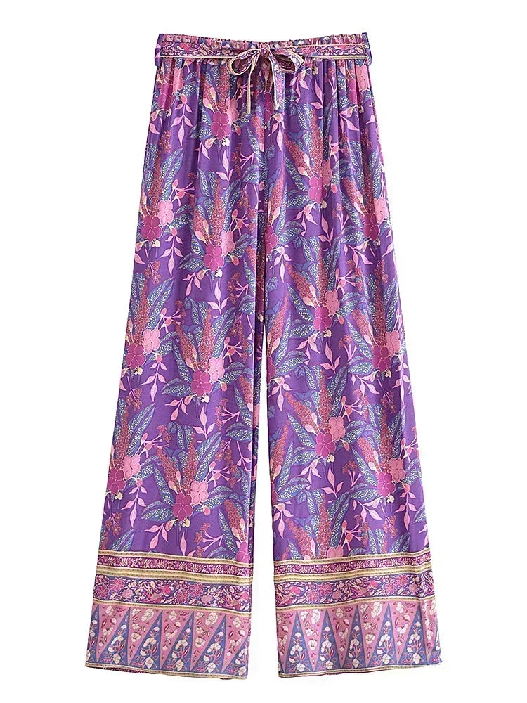 Boho Queens Autumn Women Purple Floral Print Bohemian Wide Leg Pants Lady Gothic Elastic Waist Loose Boho Pant Holiday Trousers