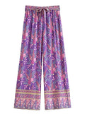 Boho Queens Autumn Women Purple Floral Print Bohemian Wide Leg Pants Lady Gothic Elastic Waist Loose Boho Pant Holiday Trousers