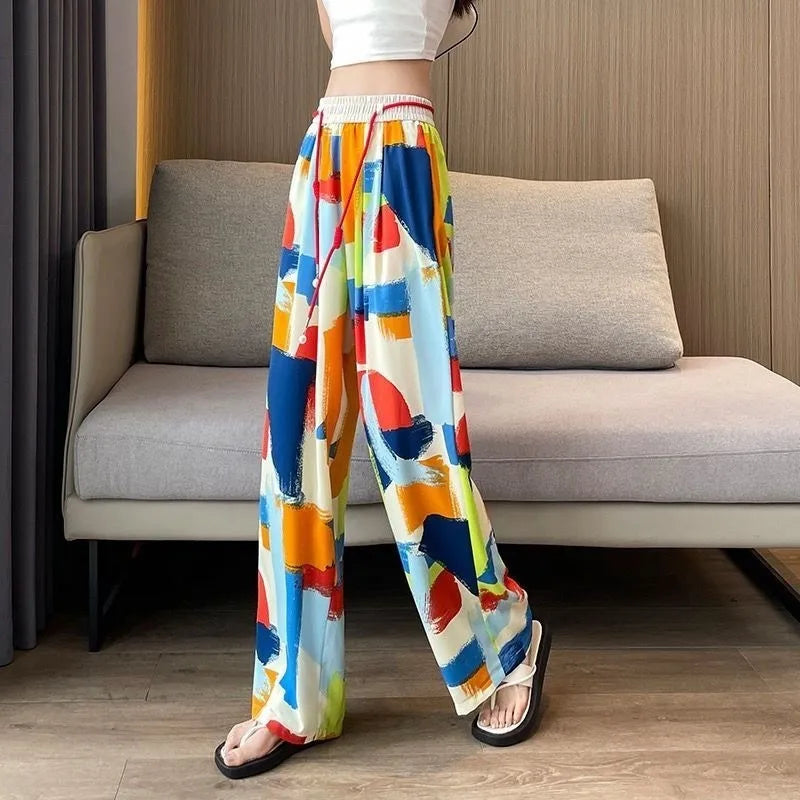 Women Colorful Graffiti Print Wide Leg Pants, Elastic Waist Drawstring Loose Trousers, Summer Casual Streetwear