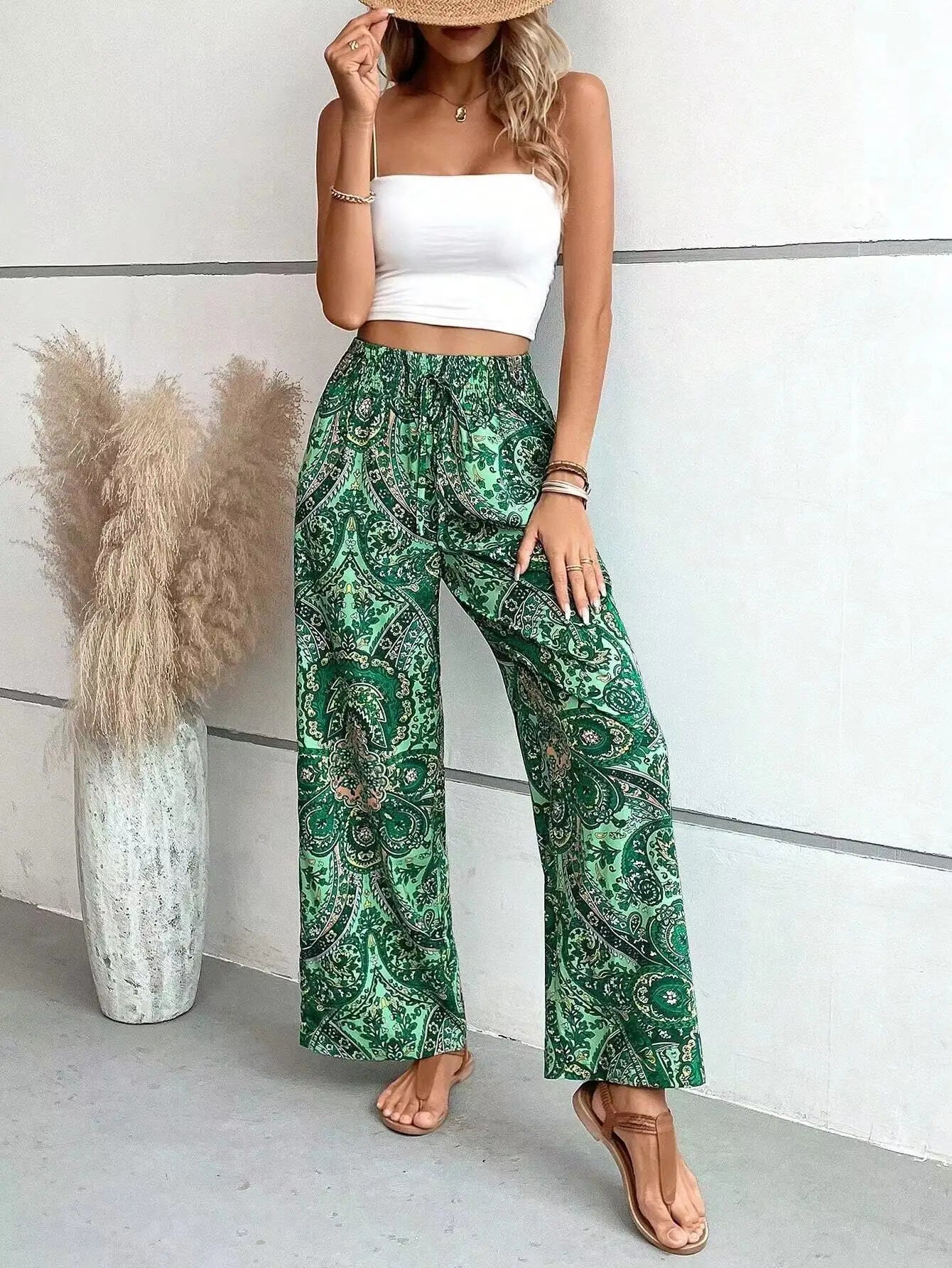 Fashion Vintage Print Wide-leg Pants Women Casual High-waisted Trouser Spring Summer  Ladies Clothes Loungewear