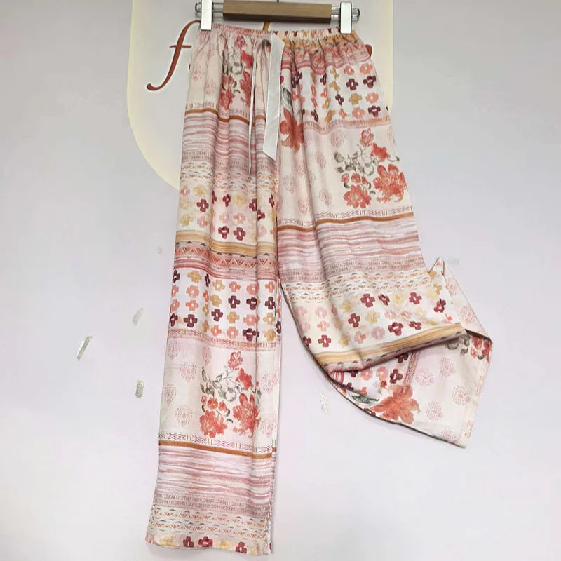 Printed Wide Leg Pants Women Summer Loose Casual Long Trousers Retro Artistic Style Quality Pants Comfortable Cotton Blend