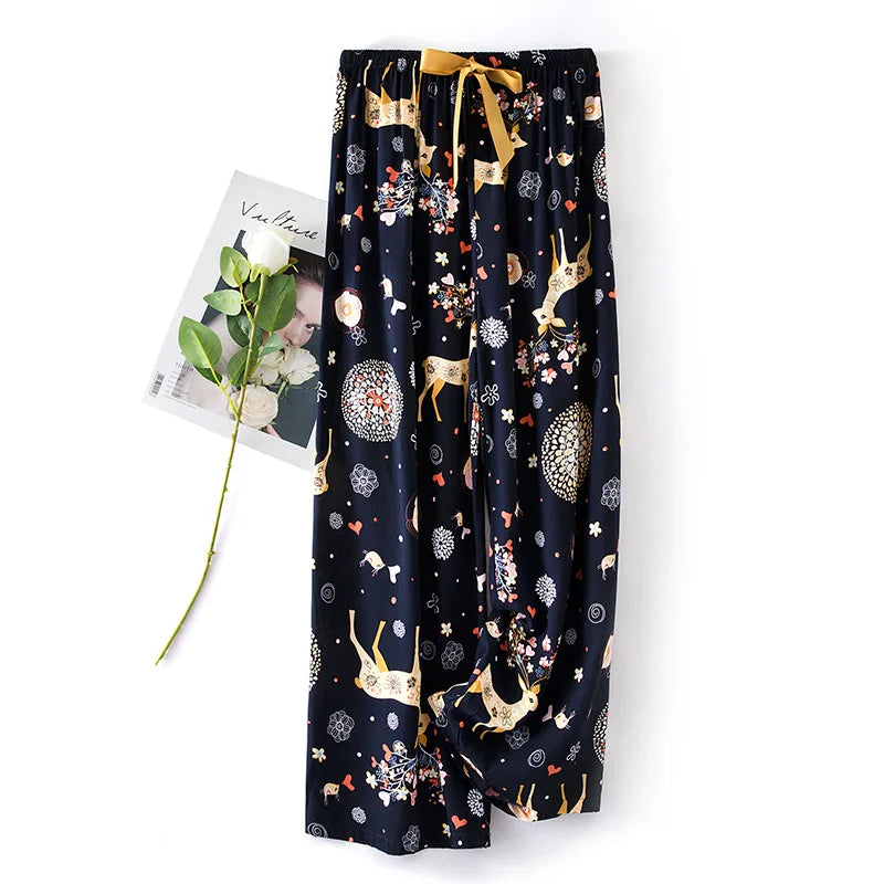 New Ladies Pants Viscose Pajama Sleep Bottoms Thin Loose Large Size Pants Women Pants Home Clothes Loungewear Floral Sleepwear