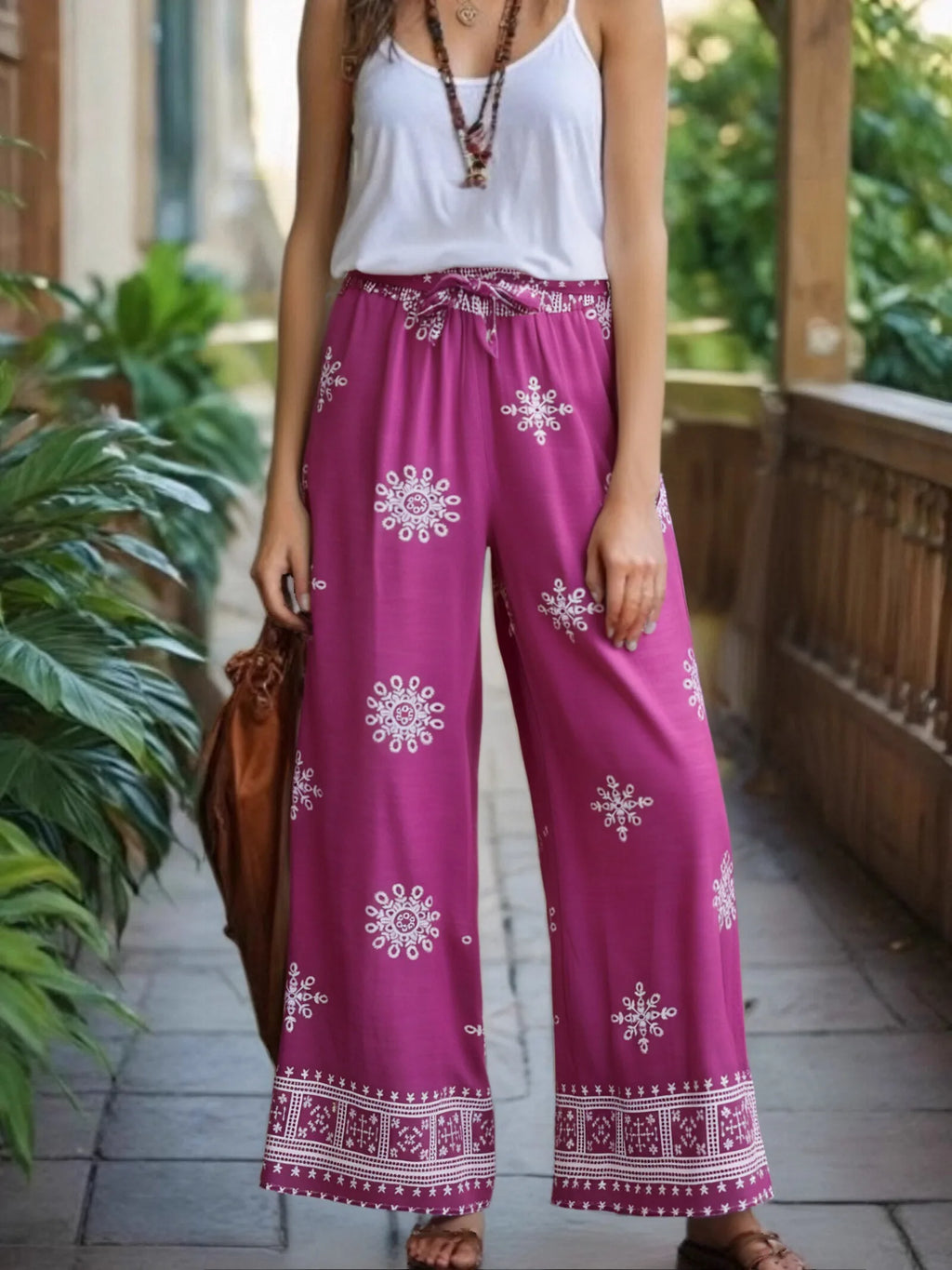 Vintage Chic Women Purple Floral Bohemian Wide Leg Pants with Pockets Lady Elastic Waist Loose Vacation Boho Pant Trousers