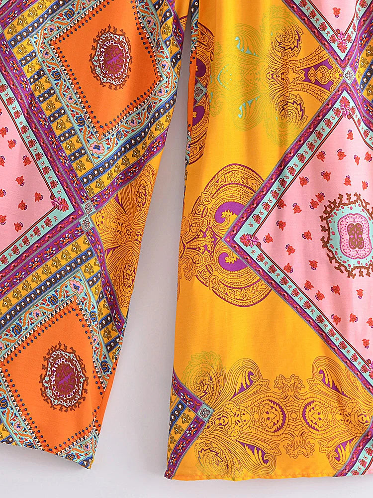 Happie Queens Women Floral Print Bohemian Wide Leg Pants Lady Elastic Waist Loose Rayon Boho Long Pants Beach Casual Trousers