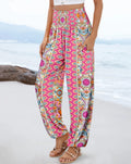 Women's High Waist Boho Print Loose Fit Palazzo Pants with Geometric Floral Pattern and Side Pockets for Summer Beach Vacation