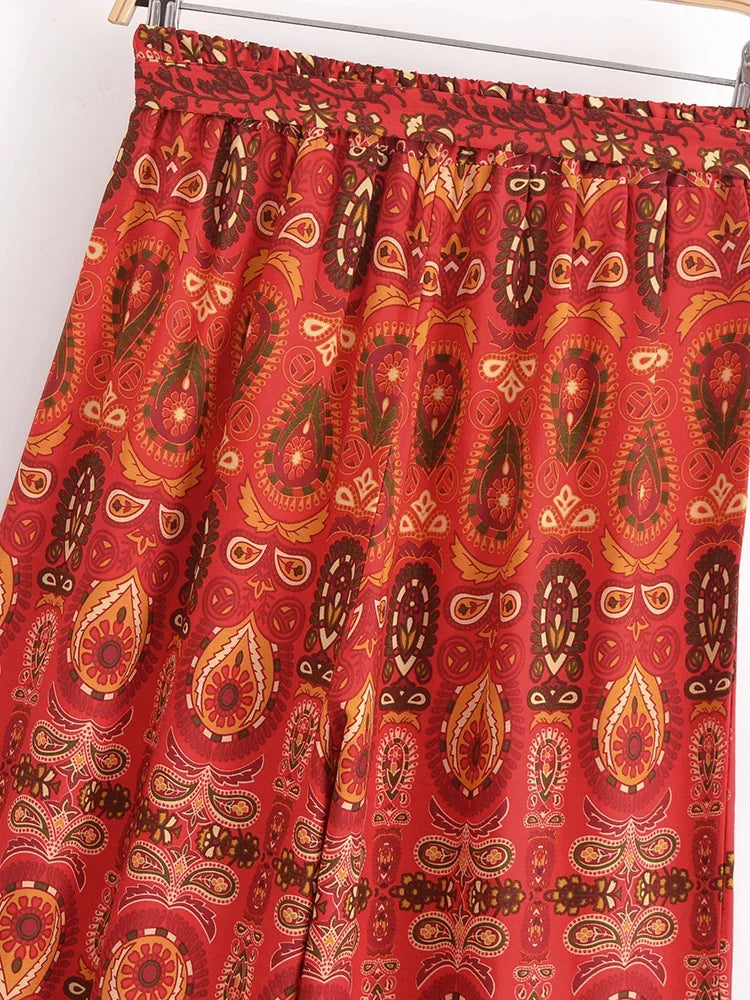 Boho Queens Women Red Floral Print Bohemian Wide Leg Pant Lady Gothic Elastic Waist Loose Rayon Long Boho Pants Casual Trousers
