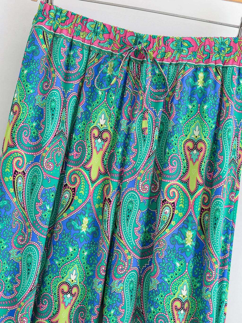 Vintage Chic 2025 Autumn Fashion Green Floral Print Baggy Pants Women Bloomers Casual Mid Waist Side Pockets Loose Yoga Trousers