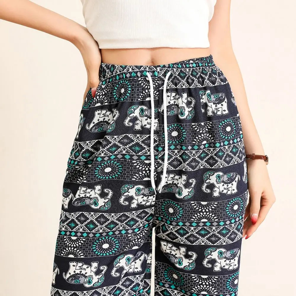 Colorful Thai Elephant Printed Pants Comfy Casual Wide Leg Pants for Women with Strap High Waist Women's Harem Pants Yoga