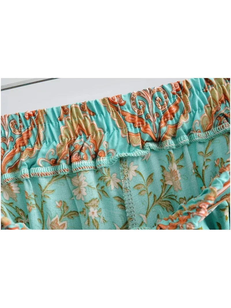 Boho Queens Women Green Floral Print Bohemian Wide Leg Pants Lady Elastic Waist Loose Rayon Boho Long Pant Oversize Trousers