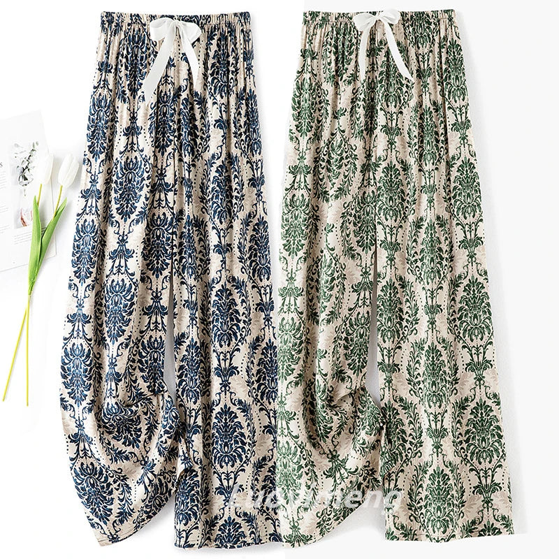 Women Casual Autumn Wide Leg Pants Floral Beach Trousers High Waist Boho Ethnic Style Calf Pants Four Season Girls Home Clothes