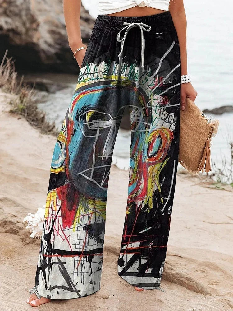 New Women's Drawstring Relaxed-Fit Casual Pants 3D Floral Print Comfortably Chic Wide-Leg Pants