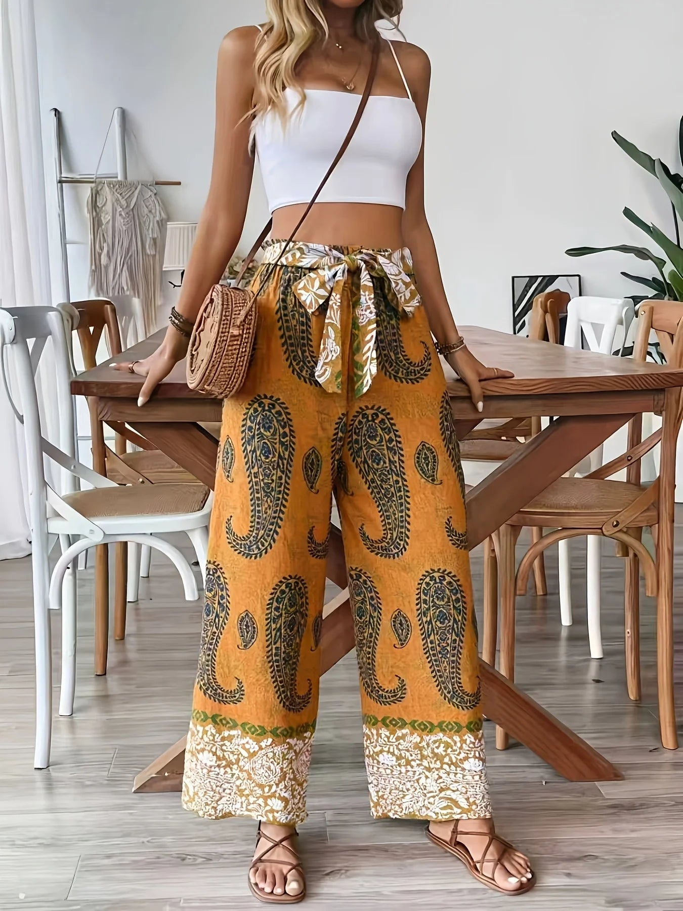 Mustard Yellow Paisley Wide Leg Pants, Tie Waist, Bohemian Style Vacation Casual Pants